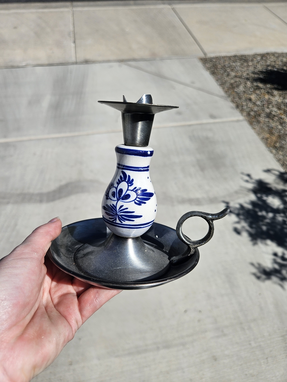 Vintage Blue And White Floral Ceramic & Metal Chamberstick Candle Holder